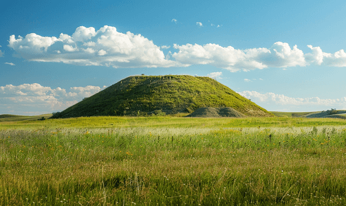 北达科他州景观中的金字塔形土丘