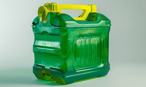 装有绿色液体的塑料油罐的侧视图