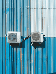 工业蓝色摄影照片_蓝色和白色金属墙上的空调两台双冷凝机组