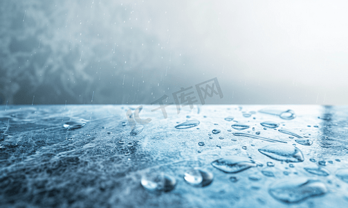 玻璃水滴背景大理石柜台概念雨季产品广告空白