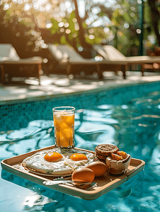 度假村游泳池中的早餐在托盘中漂浮