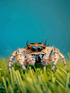 昆虫的眼睛摄影照片_特写：一只大眼睛的可爱小跳蛛坐在人造草地上
