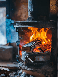 红色火焰燃烧摄影照片_木柴在火中燃烧炉中的火焰房子里的壁炉壁炉细节