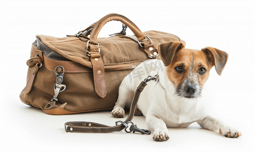 宠物用品电商淘宝摄影照片_孤立的白色背景上的宠物袋和皮带