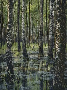 背景直摄影照片_夏季沼泽的早晨有垂直的干灰色直树干