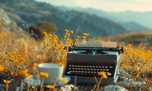 山上有黄色花朵和杯子的老式打字机