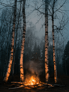 夜晚孤独摄影照片_雾夜里的桦树被篝火照亮