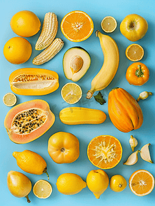 水果厨房背景摄影照片_浅蓝色背景中的鲜黄色水果和蔬菜的集合