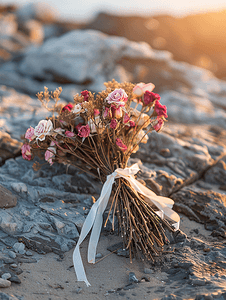 日落时分一束用白丝带绑着的干玫瑰花放在岩石上