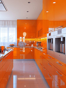 吊灯餐厅摄影照片_橙色的现代厨房