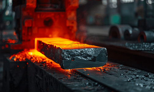 在肮脏黑暗的工厂中压制成型后的新鲜锻造热钢工件