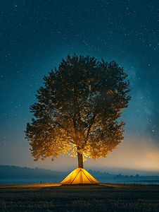 旅游黄色背景摄影照片_夏日星夜雾气弥漫的树下黄色帐篷
