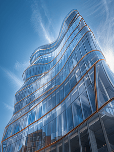 蓝天现代建筑玻璃外结构波浪形建筑细节
