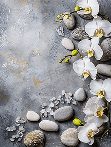 主图边框摄影照片_灰色背景禅宗水疗美容设计复制空间上的兰花和石头花卉边框