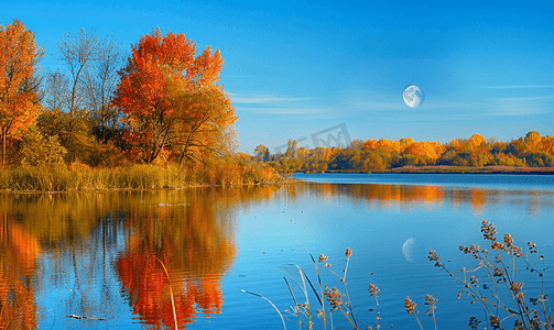 葫芦丝教程摄影照片_浅景深的秋天风景与月亮和小湖