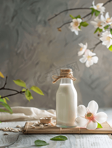芡实莲子摄影照片_桌上的一瓶莲子奶和莲子