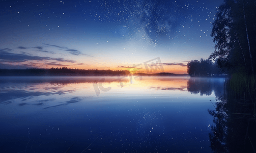 夏季雾气弥漫的夜晚星空下的小湖
