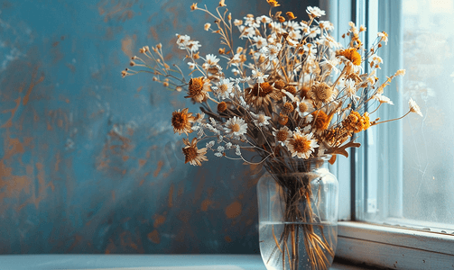 斯堪的纳维亚美食背景下玻璃花瓶中的干花花束