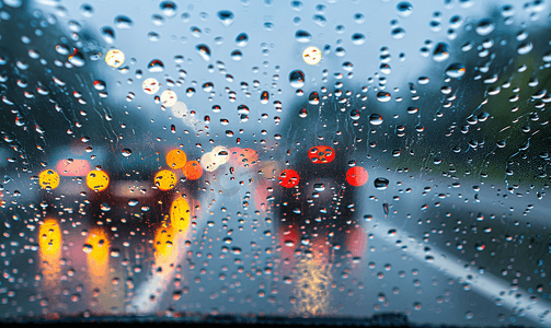 等待车回家的人摄影照片_雨天窗户雨滴在高速公路背景玻璃上安全回家