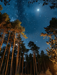 蓝色的月亮摄影照片_夜风景在有满月和星星的森林里