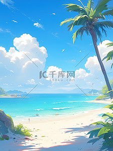 大海椰子树沙滩背景图片_海边沙滩椰子树蓝天白云素材