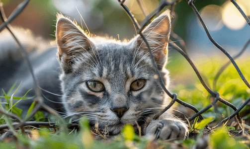 猫草摄影照片_无家可归的灰猫躺在公园篱笆后的绿草地上