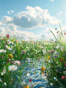 自然花草背景背景图片_户外蓝天白云自然花草河流的背景
