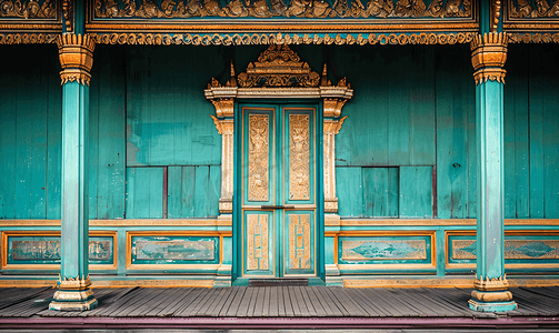 传统经典摄影照片_泰国复古传统建筑前的经典背景木墙和门