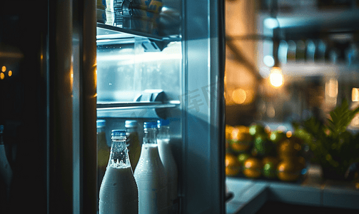 夜晚家里冰箱门上堆满了牛奶瓶