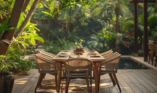 前院摄影照片_餐桌布置在郁郁葱葱的花园中