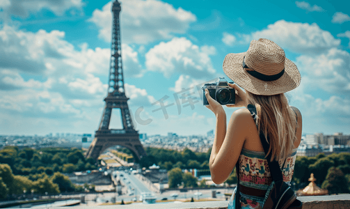 法国埃菲尔摄影照片_游客在特罗卡德罗广场拍摄埃菲尔铁塔照片