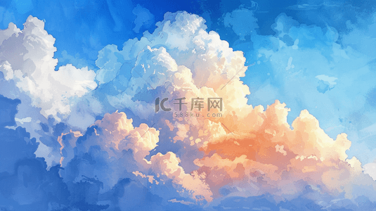 彩色手绘蓝天白云海岸线的背景