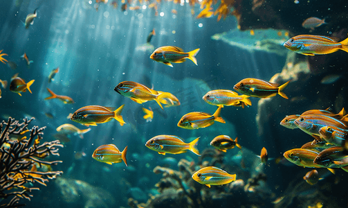 蓝色莫兰迪ppt模板摄影照片_一群鱼在科德角海岸游来游去