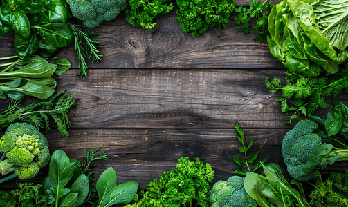 木制背景上的框架新鲜绿色蔬菜和香草复制空间