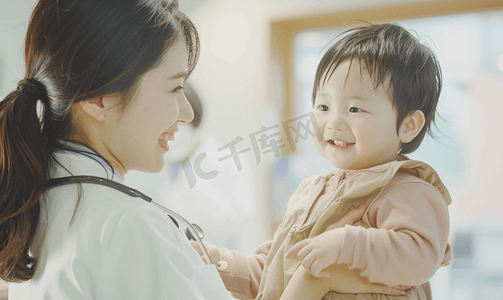 儿童生病摄影照片_关爱亚洲人身体关注年轻妈妈带着孩子看医生