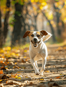 一只张着嘴的快乐的棕白短毛杂种狗正在秋季公园散步