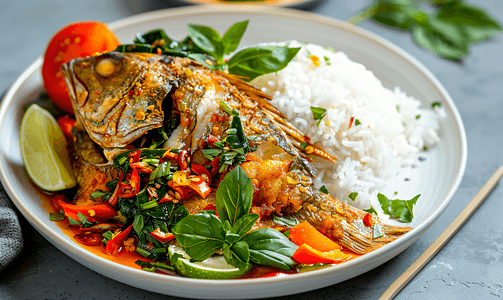 泰式罗勒和辣椒炒鱼浇在米饭上