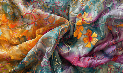 手绘棕色丝绸摄影照片_用紧握的彩绘丝绸蜡染缝制而成的围巾