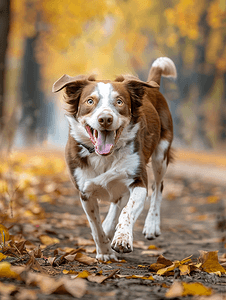 海报森林摄影照片_一只张着嘴的快乐的棕白短毛杂种狗正在秋季公园散步