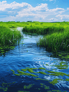 凉爽水摄影照片_有水和沼泽草的流动潮汐沼泽