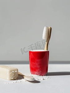 卫浴柜背景墙摄影照片_白色背景下分离的肥皂牙膏滑石牙刷