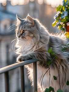 灰白猫摄影照片_美丽蓬松的灰白猫在阳光下的阳台上休息早晨慵懒的氛围