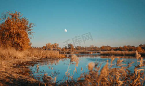 png光圈摄影照片_浅景深的秋天风景与月亮和小湖