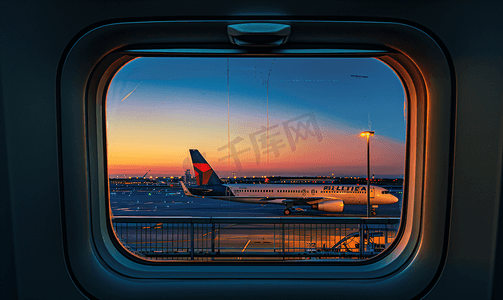 黎明时分的机翼窗户景观