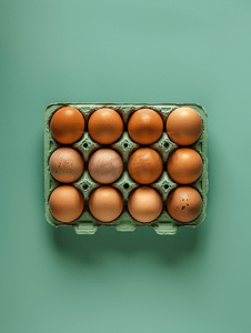 绿色纸箱中十几个棕色鸡蛋的孤立照片