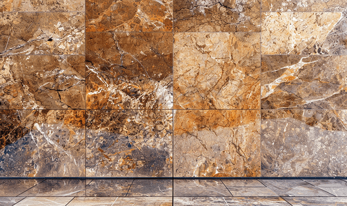 矿物岩石摄影照片_平坦的墙壁上铺有矩形天然棕褐色花岗岩瓷砖上面有白色矿物滴