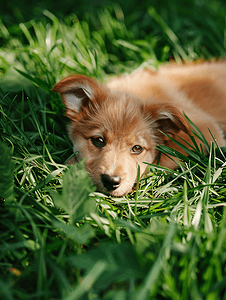 小绿草摄影照片_可爱的小狗躺在修剪过的绿草地上
