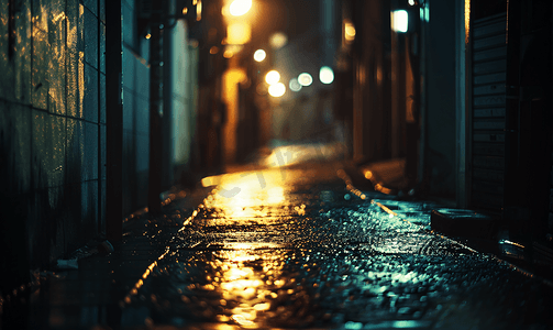 城市灯背景摄影照片_夜间模糊的黑暗城市小巷