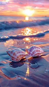 贝壳带珍珠背景图片_夏日海岸海滩波浪海螺贝壳海景背景5