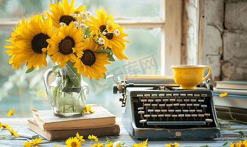 老式打字机与向日葵花瓶一堆书和一个茶杯